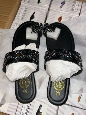 Black Floral Studded Slide Mules for Women